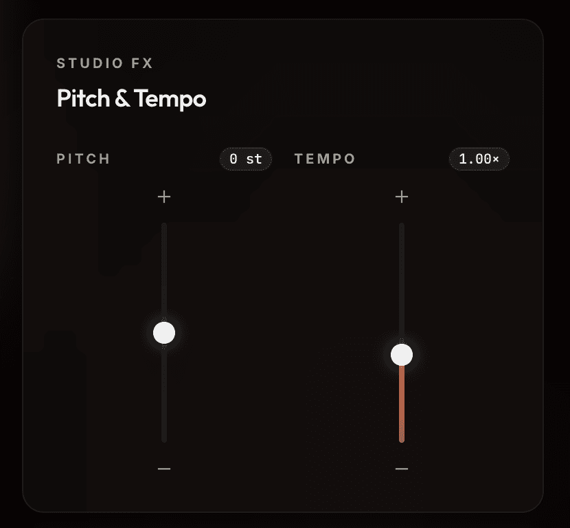 Studio FX panel with pitch and tempo sliders