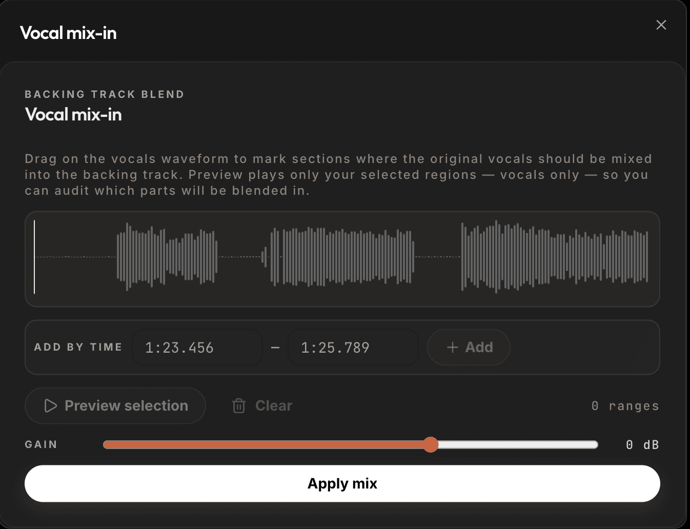 Vocal mix-in panel marking waveform sections to blend into the backing track