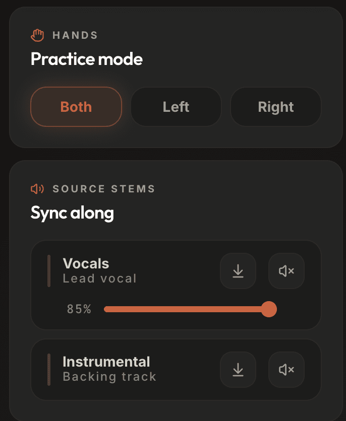 Practice mode hand selector with vocal and instrumental sync-along stems