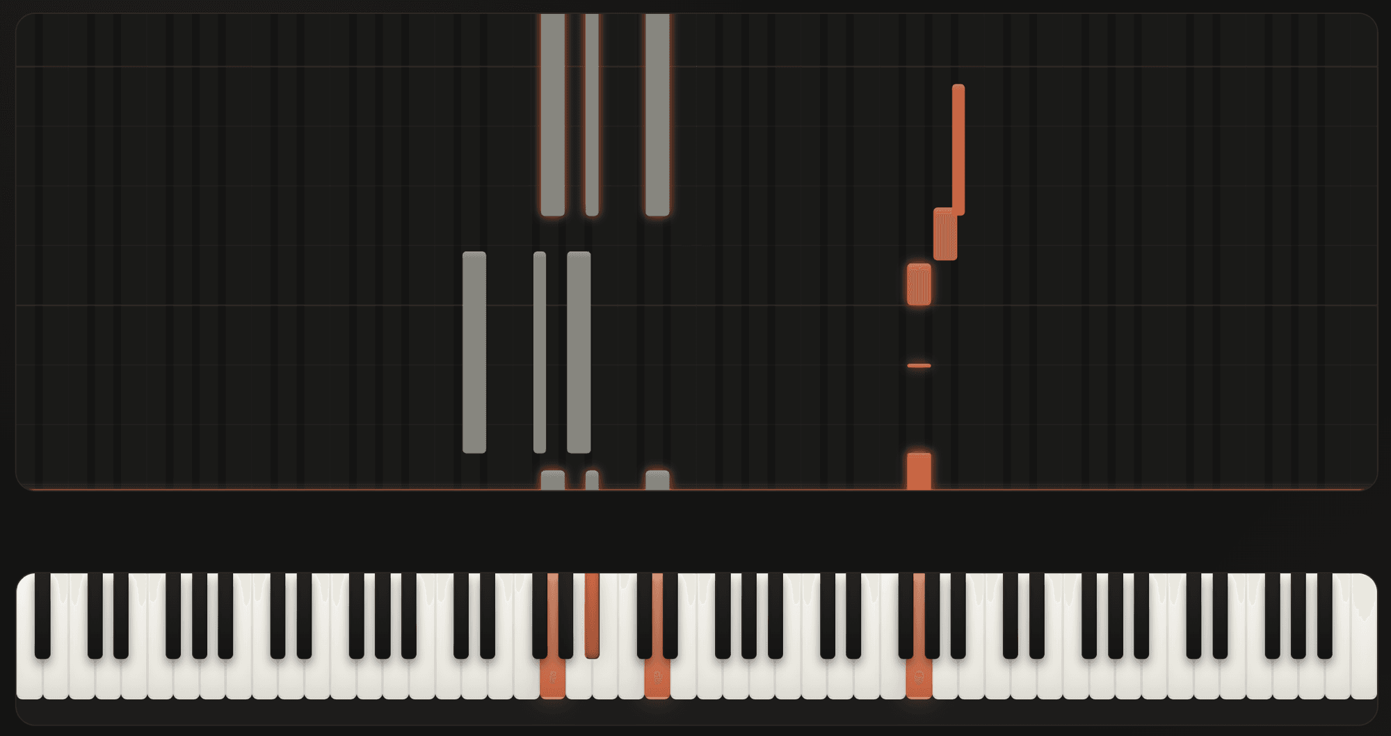 Piano roll with falling notes playing across an 88-key keyboard